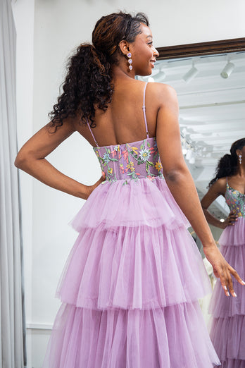 A-Line Mauve Spaghetti Straps Tulle Corset Prom Dress with Slit