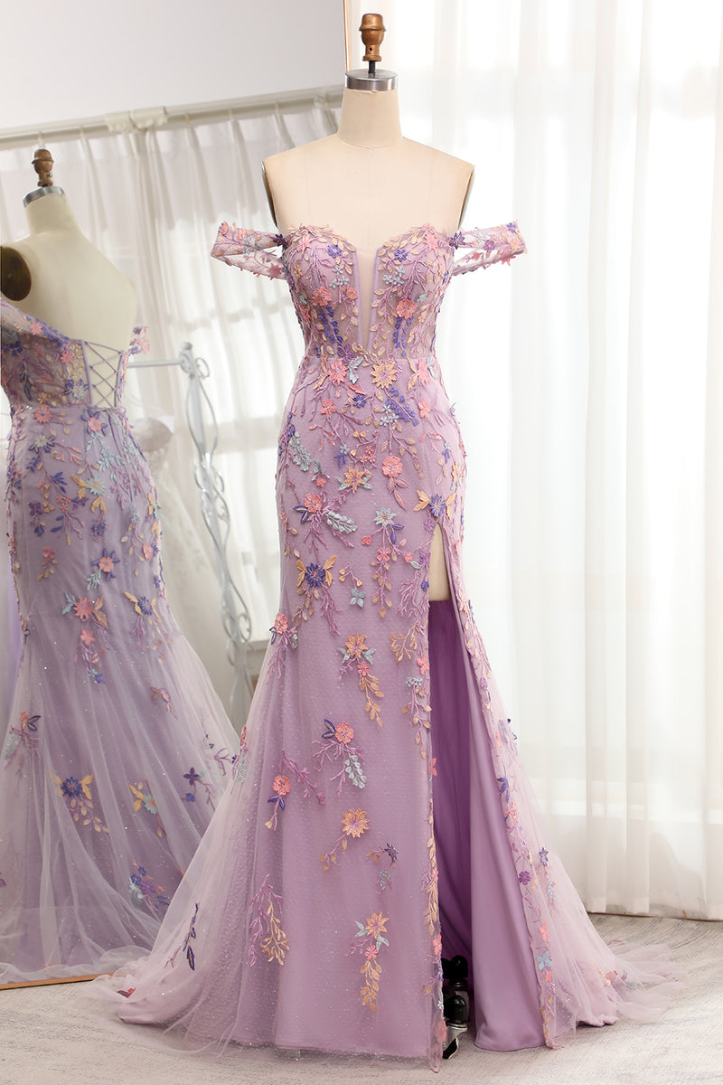 Load image into Gallery viewer, Purple Off the Shoulder Long Appliques Mermaid Prom Dress with Slit