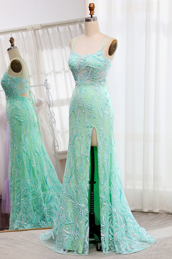 Green Mermaid Spaghetti Straps Sequins Long Prom Dress with Slit