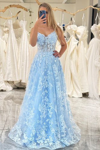 A-Line Sky Blue Spaghetti Straps Lace Corset Prom Dress