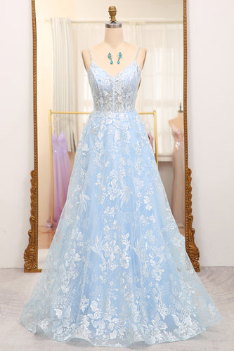 A-Line Sky Blue Spaghetti Straps Lace Corset Prom Dress