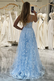 A-Line Sky Blue Spaghetti Straps Lace Corset Prom Dress