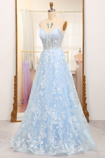 A-Line Sky Blue Spaghetti Straps Lace Corset Prom Dress