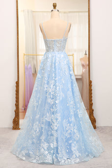 A-Line Sky Blue Spaghetti Straps Lace Corset Prom Dress