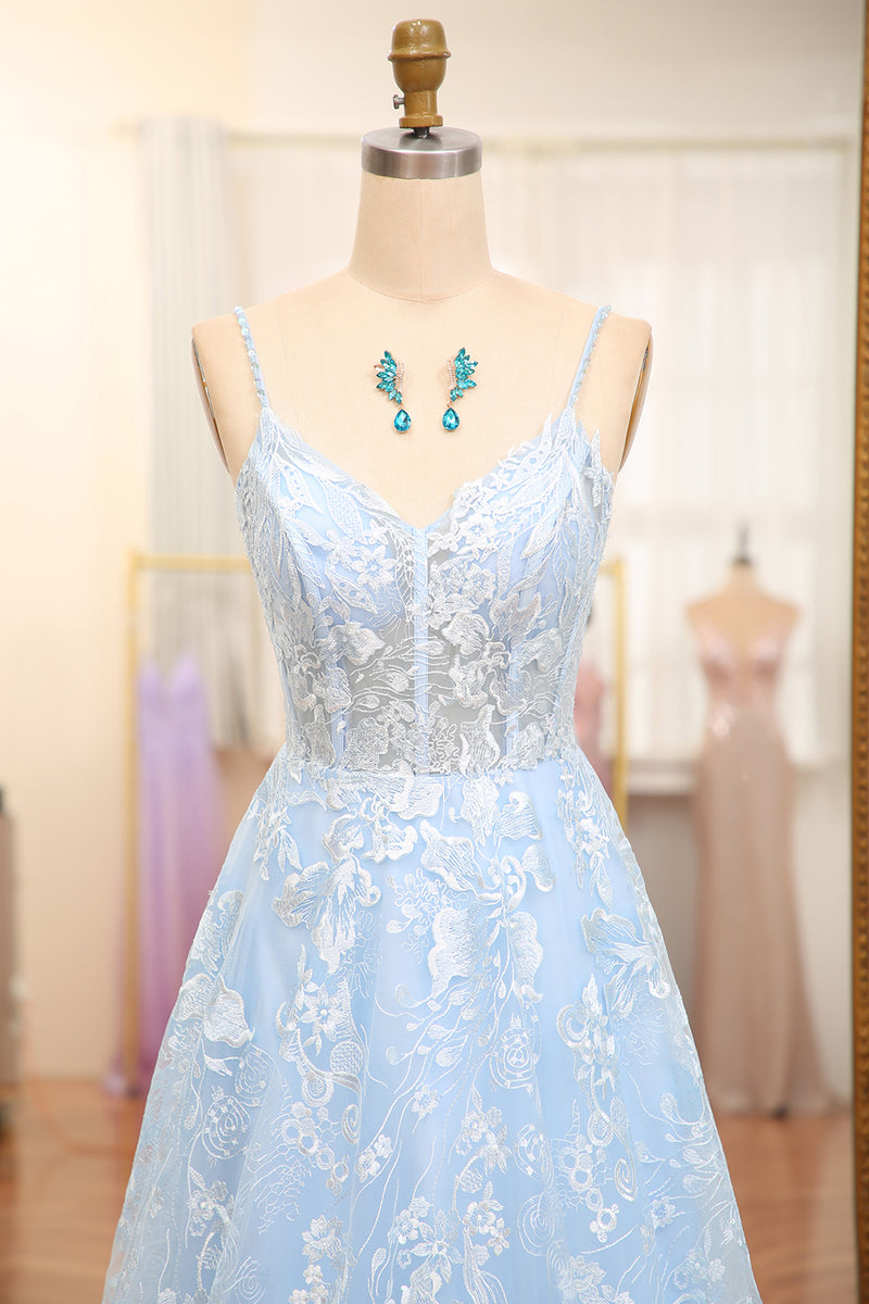 Load image into Gallery viewer, A-Line Sky Blue Spaghetti Straps Lace Corset Prom Dress