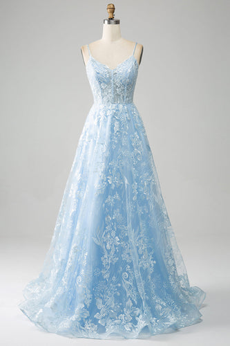 Sky Blue A-Line Spaghetti Straps Lace Corset Prom Dress