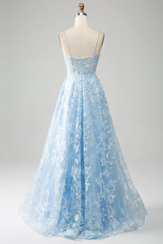 Sky Blue A-Line Spaghetti Straps Lace Corset Prom Dress