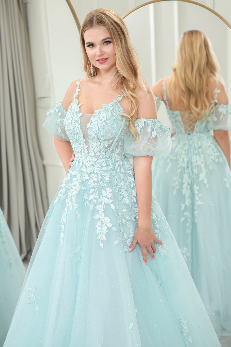 Load image into Gallery viewer, Glitter Mint A-line Spaghetti Strap Corset Prom Dress with Appliques