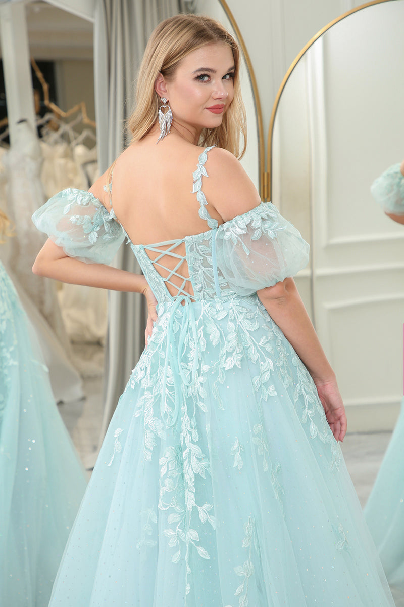 Load image into Gallery viewer, Glitter Mint A-line Spaghetti Strap Corset Prom Dress with Appliques