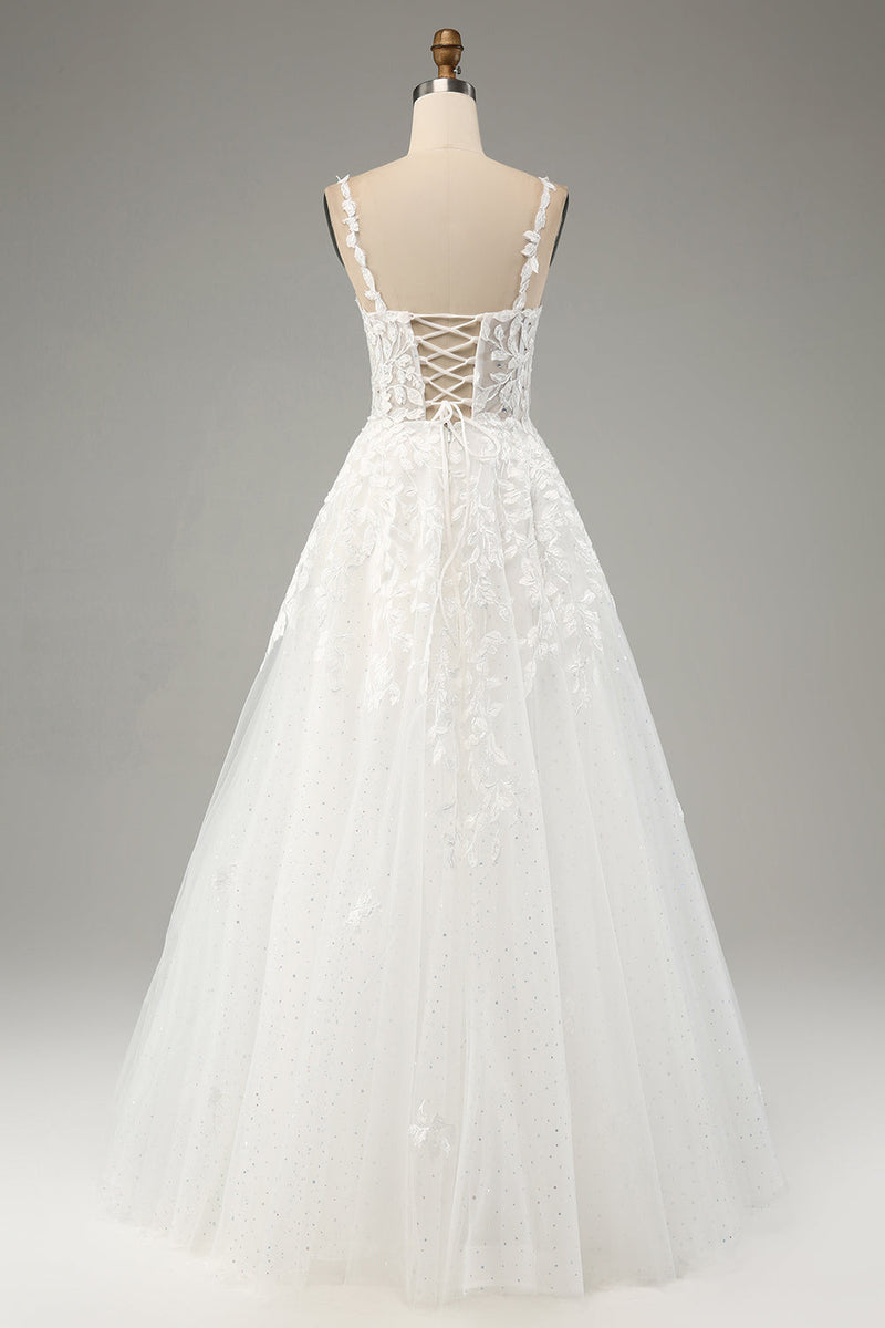 Load image into Gallery viewer, Ivory A-Line Tulle Spaghetti Straps Wedding Dress with Appliques