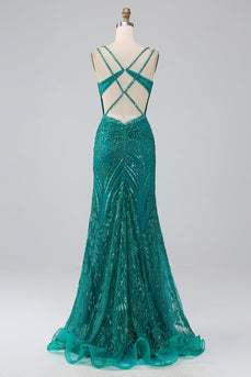 Dark Green Sparkly Mermaid Spaghetti Straps Corset Prom Dress with Slit