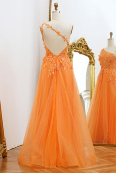 One Shoulder A-line Orange Prom Dress with Appliques