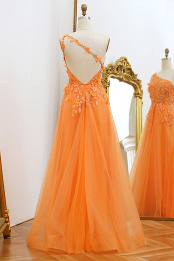 One Shoulder A-line Orange Prom Dress with Appliques