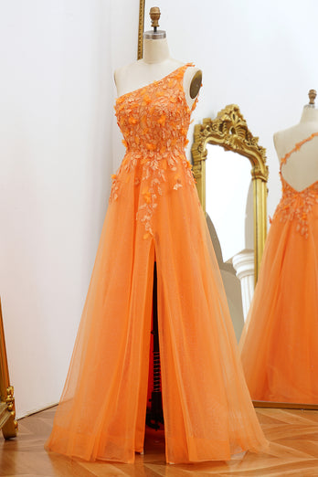 One Shoulder A-line Orange Prom Dress with Appliques