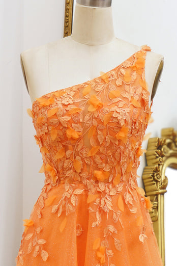 One Shoulder A-line Orange Prom Dress with Appliques