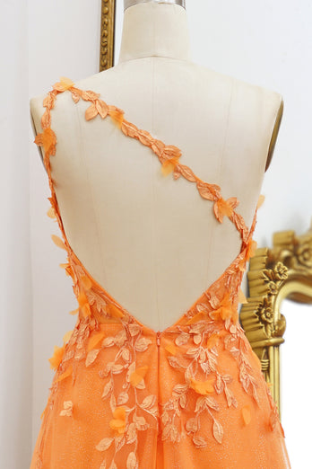 One Shoulder A-line Orange Prom Dress with Appliques