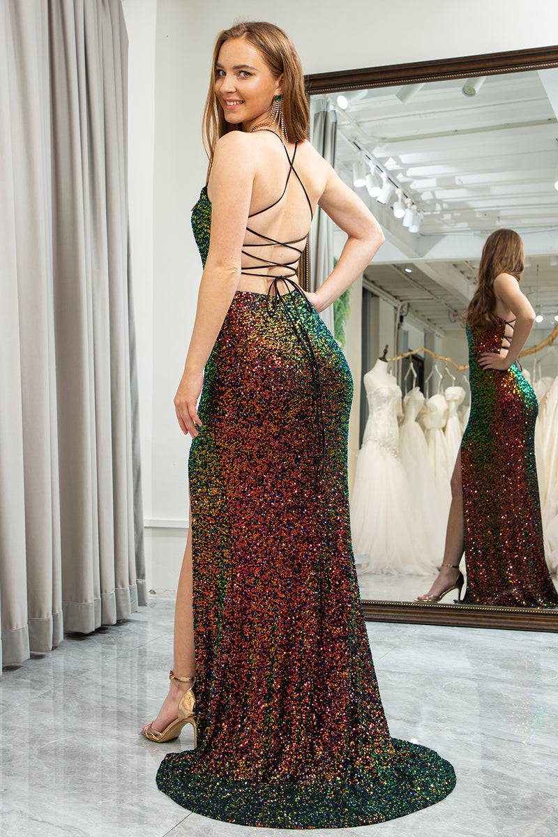 Load image into Gallery viewer, Green Mermaid Spaghetti Straps Sequin Prom Dress with Slit