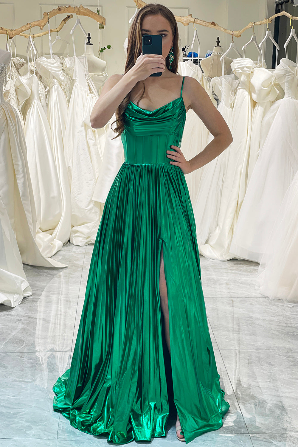 A-line Dark Green Spaghetti Straps Corset Prom Dress with Slit