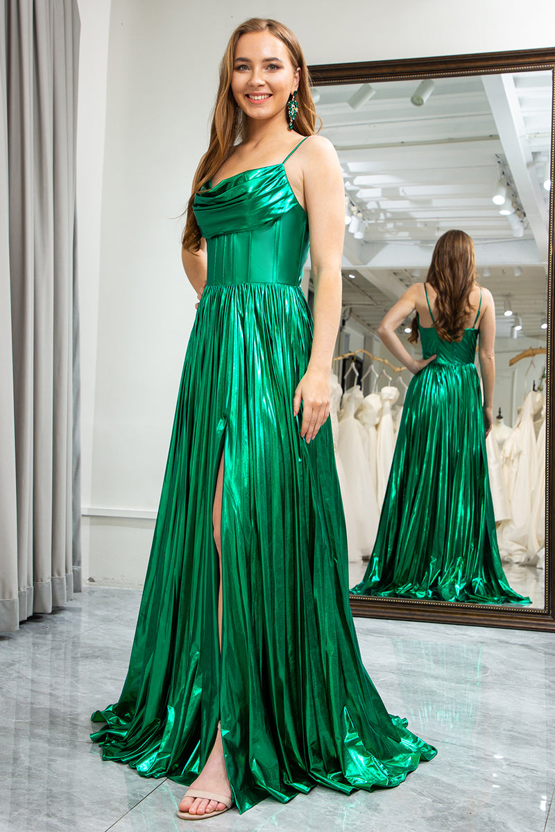 Load image into Gallery viewer, Dark Green A-line Spaghetti Straps Corset Prom Dress with Slit