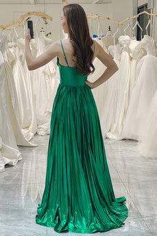 A-line Dark Green Spaghetti Straps Corset Prom Dress with Slit