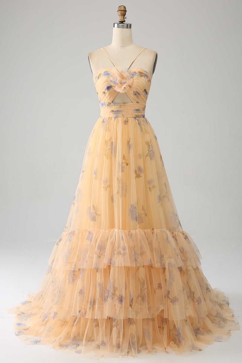 Load image into Gallery viewer, A-Line Yellow Printed Spaghetti Straps Long Corset Prom Dress