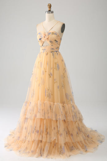 A-Line Yellow Printed Spaghetti Straps Long Corset Prom Dress