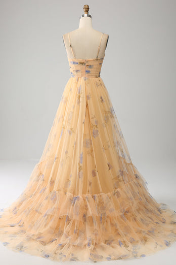 A-Line Yellow Printed Spaghetti Straps Long Corset Prom Dress