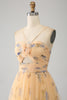 Load image into Gallery viewer, A-Line Yellow Printed Spaghetti Straps Long Corset Prom Dress