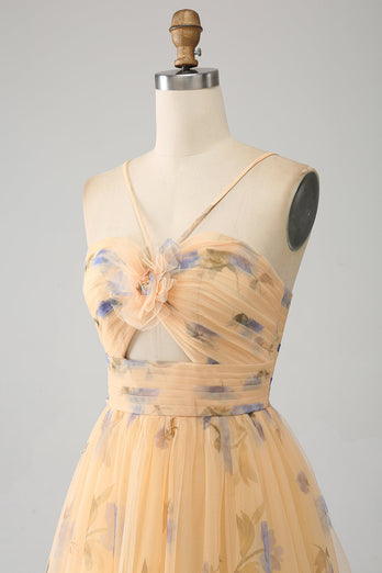 A-Line Yellow Printed Spaghetti Straps Long Corset Prom Dress