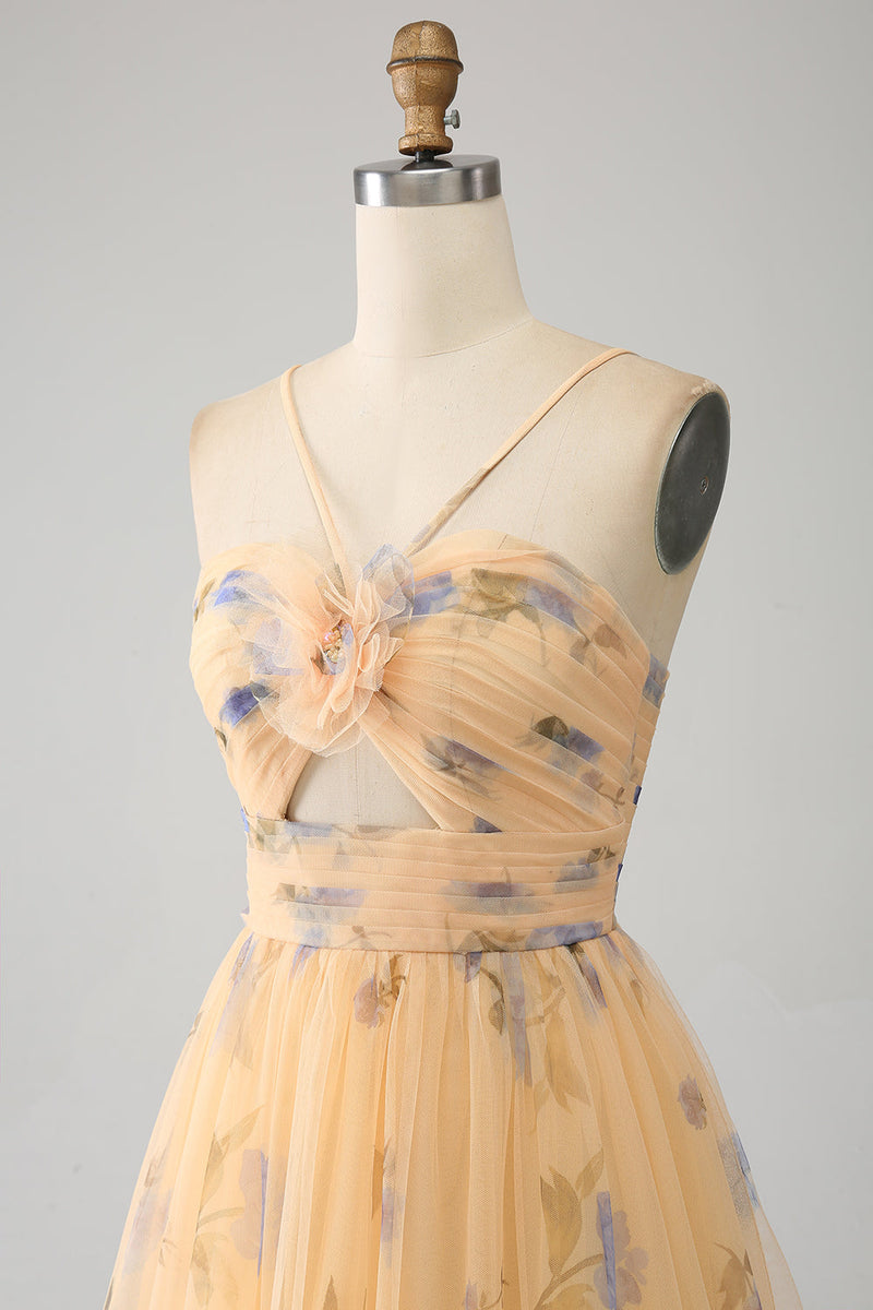 Load image into Gallery viewer, A-Line Yellow Printed Spaghetti Straps Long Corset Prom Dress