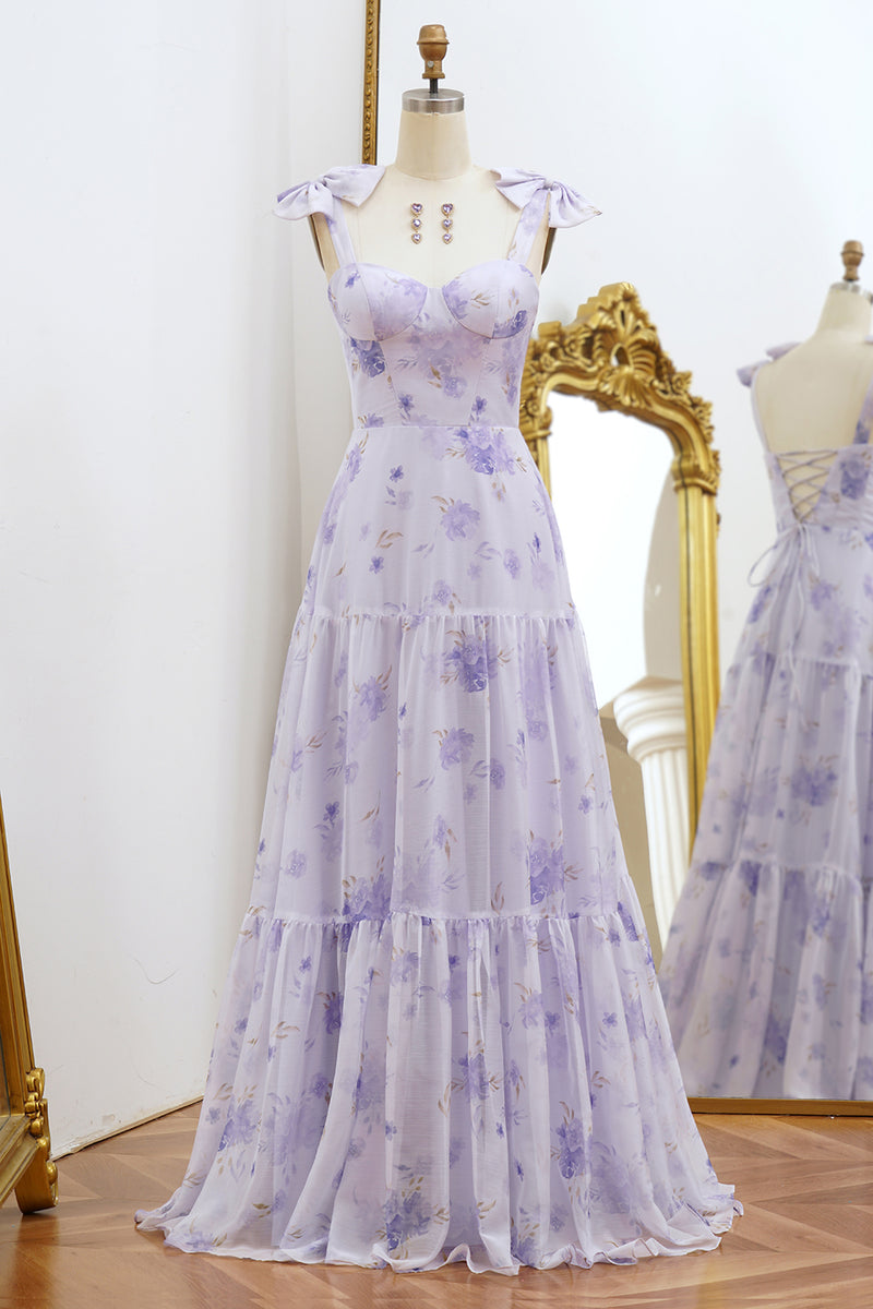 Load image into Gallery viewer, A Line Lilac Floral Print Prom Dress with Bows