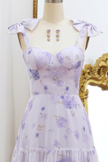 A Line Lilac Floral Print Prom Dress with Bows