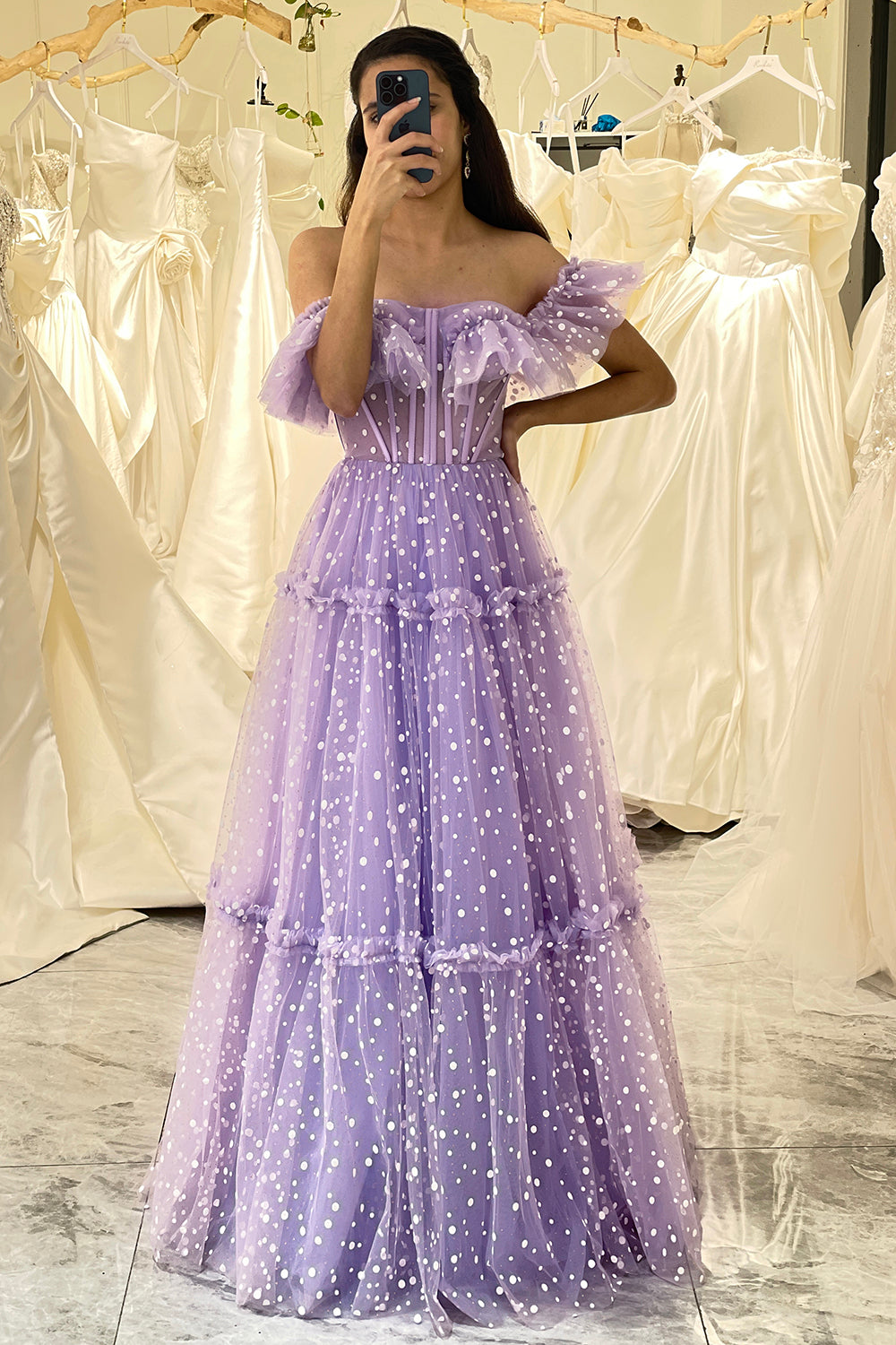 Lilac A Line Off the Shoulder Tulle Long Corset Prom Dress