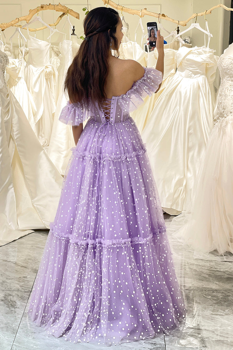 Load image into Gallery viewer, Lilac A Line Off the Shoulder Tulle Long Corset Prom Dress