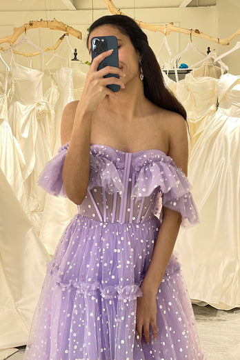 Lilac A Line Off the Shoulder Tulle Long Corset Prom Dress