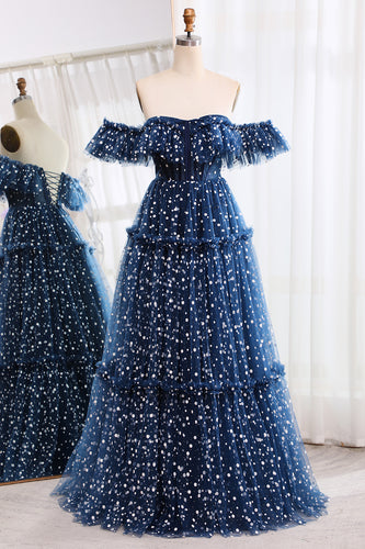 Off the Shoulder Sparkly Navy Corset Prom Dress with Polka Dots