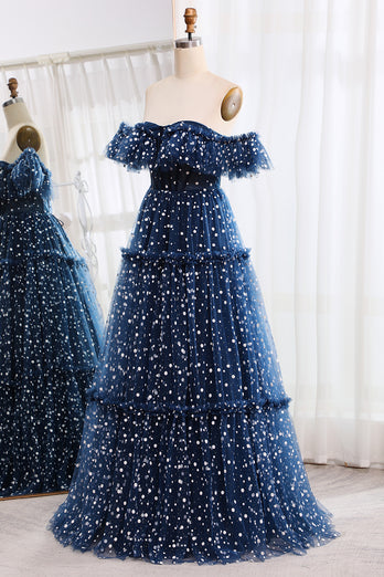 Off the Shoulder Sparkly Navy Corset Prom Dress with Polka Dots