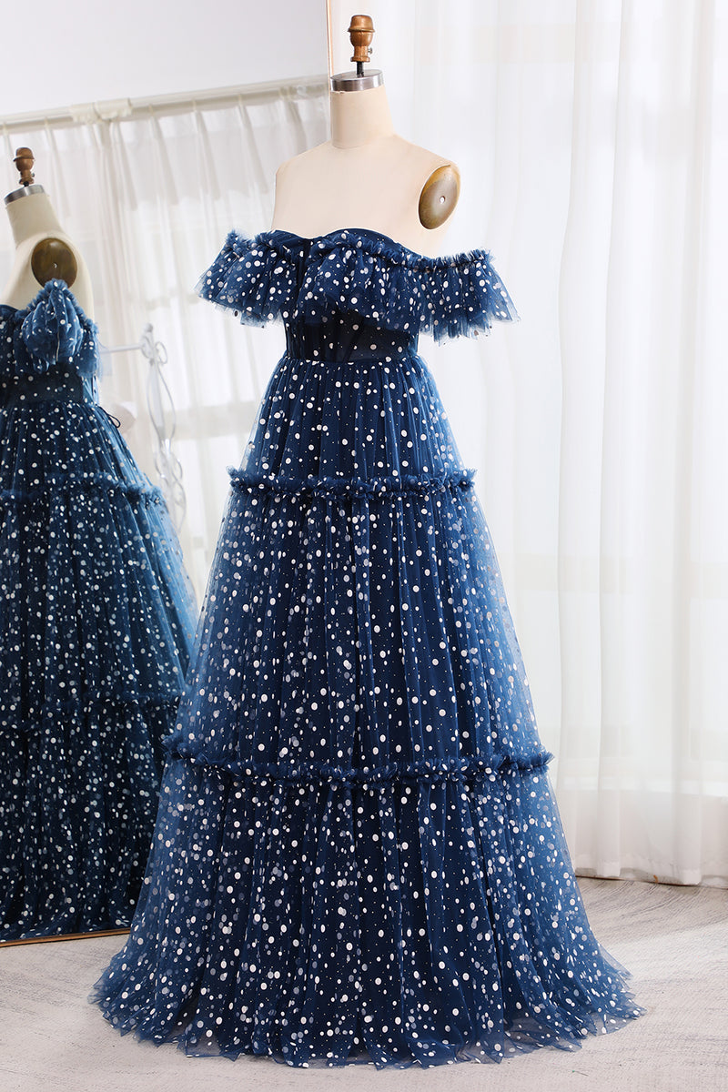 Load image into Gallery viewer, Off the Shoulder Sparkly Navy Corset Prom Dress with Polka Dots