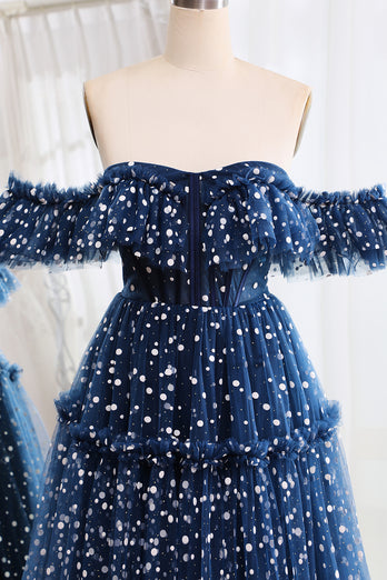 Off the Shoulder Sparkly Navy Corset Prom Dress with Polka Dots