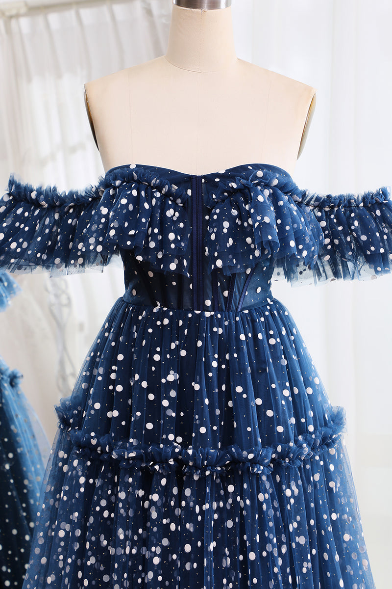 Load image into Gallery viewer, Off the Shoulder Sparkly Navy Corset Prom Dress with Polka Dots