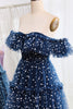 Load image into Gallery viewer, Off the Shoulder Sparkly Navy Corset Prom Dress with Polka Dots