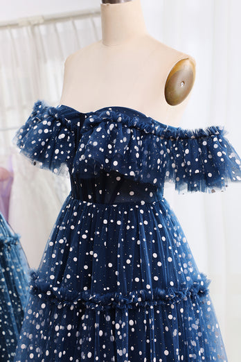 Off the Shoulder Sparkly Navy Corset Prom Dress with Polka Dots