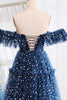 Load image into Gallery viewer, Off the Shoulder Sparkly Navy Corset Prom Dress with Polka Dots