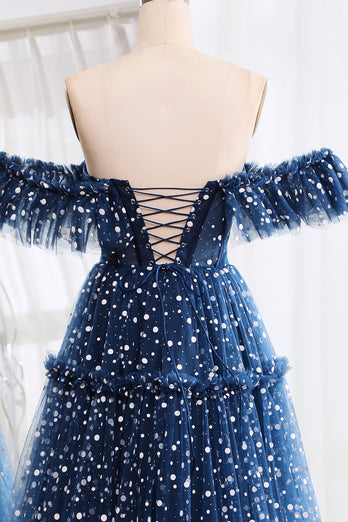 Off the Shoulder Sparkly Navy Corset Prom Dress with Polka Dots