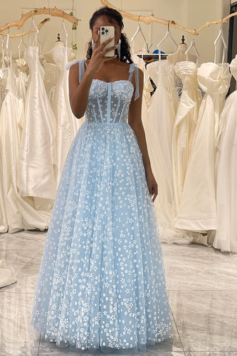 A-Line Sky Blue Printed Spaghetti Straps Corset Prom Dress