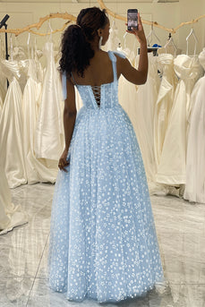 A-Line Sky Blue Printed Spaghetti Straps Corset Prom Dress