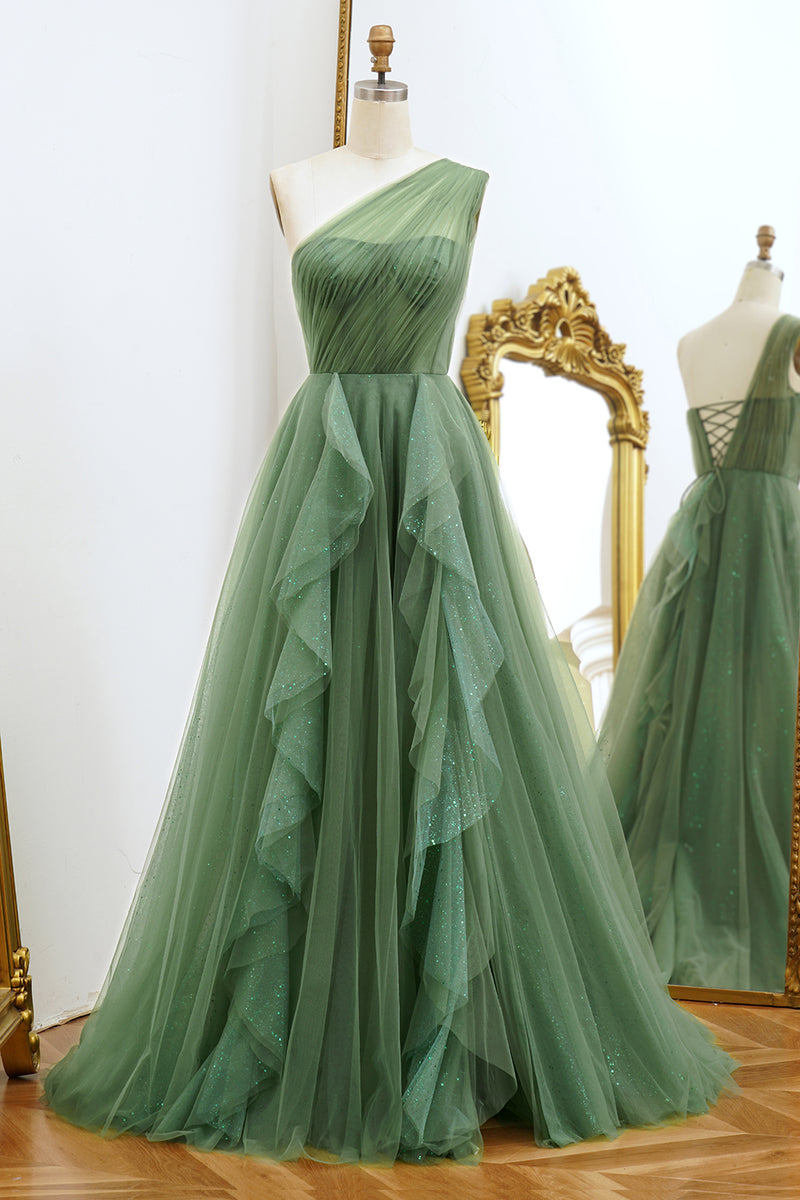 Load image into Gallery viewer, One Shoulder Green A Line Tulle Prom Dress with Lace-up Back