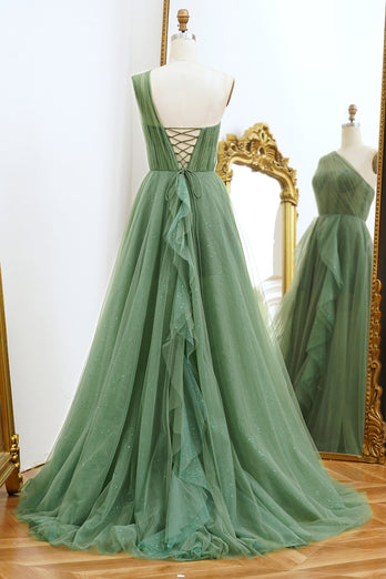 One Shoulder Green A Line Tulle Prom Dress with Lace-up Back