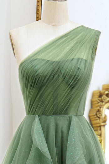 One Shoulder Green A Line Tulle Prom Dress with Lace-up Back