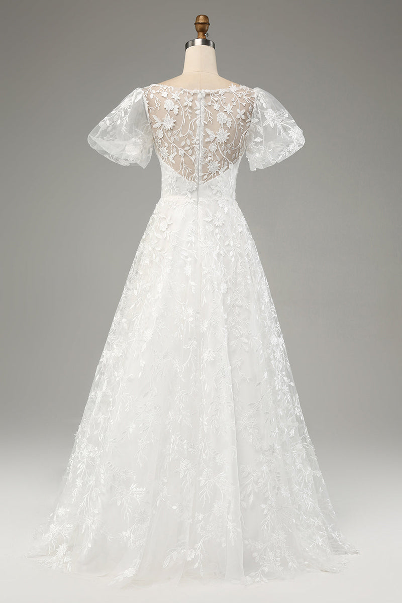 Load image into Gallery viewer, Ivory A-Line Puff Sleeves Wedding Dress with Appliques